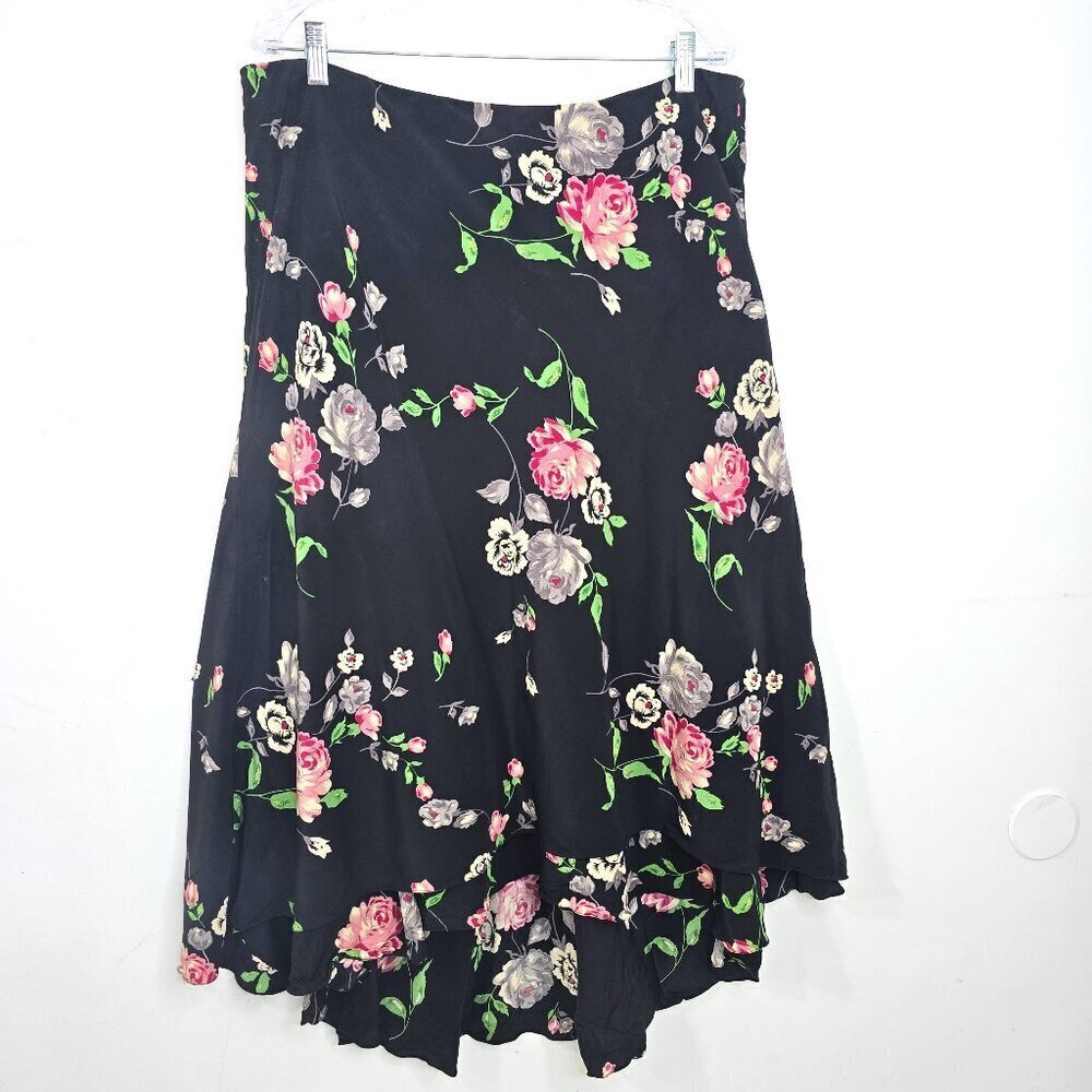 Lauren Ralph Lauren Midi/Maxi Black Floral Skirt 100% Silk Layered High Low Hem